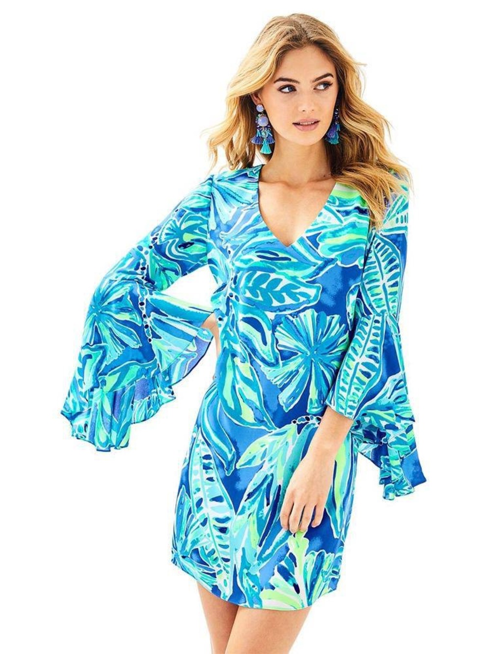 Lilly Pulitzer Green and Blue Bell Sleeve Mini Dress sz 6 - Picture 2 of 8